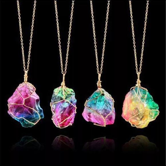 Rainbow Crystal Aura Quartz Necklace Gold PRIDE - Picture 10 of 12